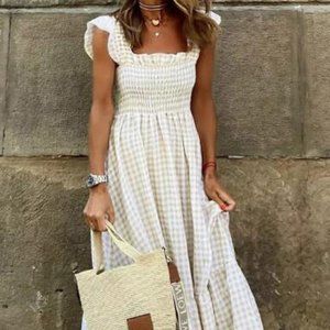 Khaki Plaid Ruffled Sleeve Smocked Maxi Dress
